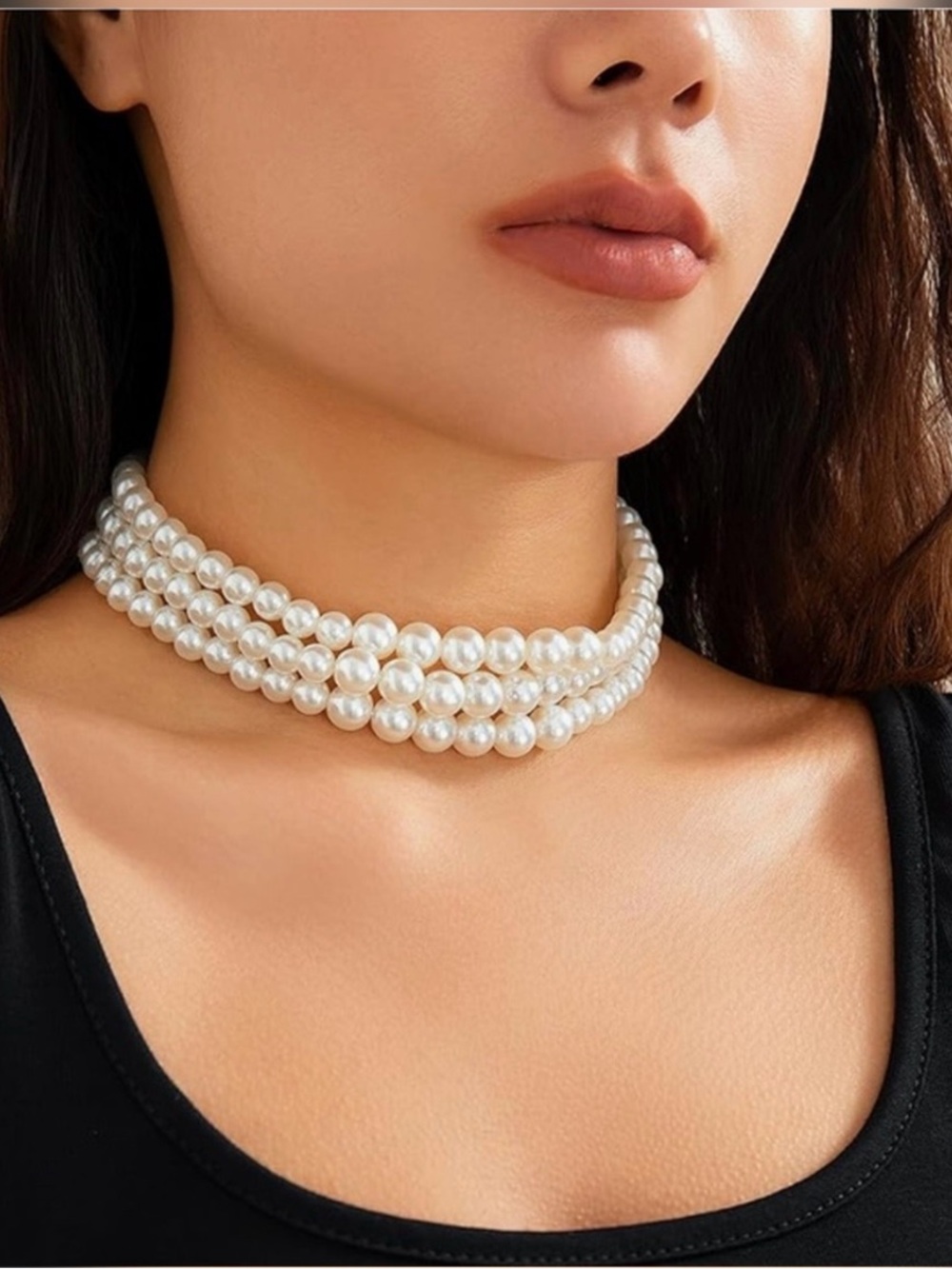 Womens 3 Strand Pearl Choker Necklace Set White Boho Layered Adjustable 14-17”